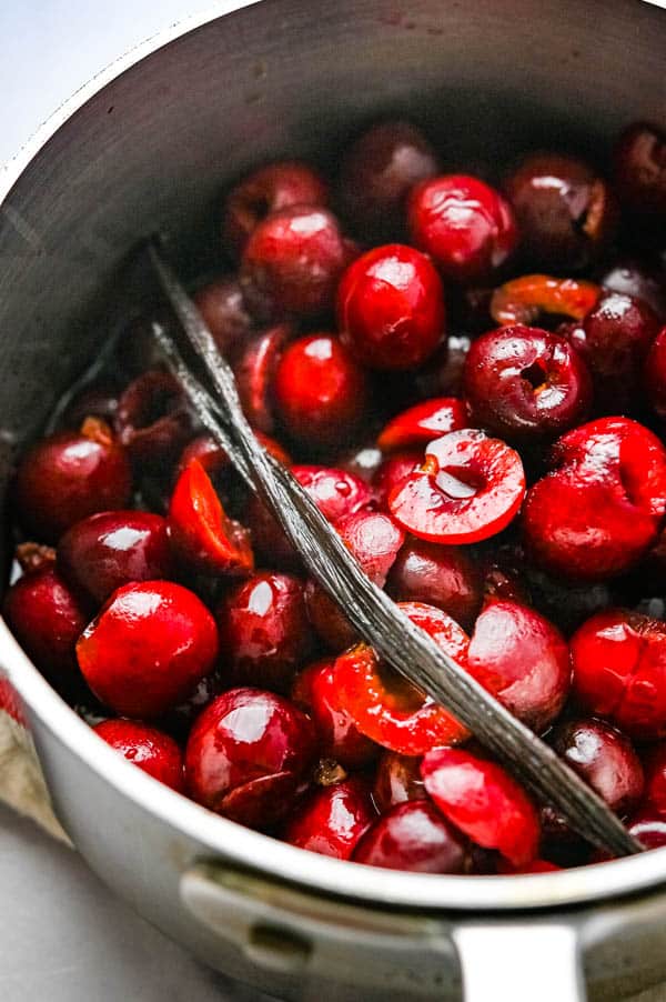Making pickled cherries with the brine and a whole vanilla bean.