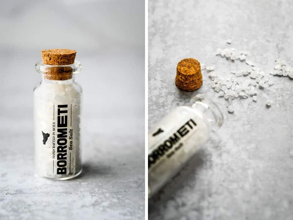 pearled sea salt in a glass vial.