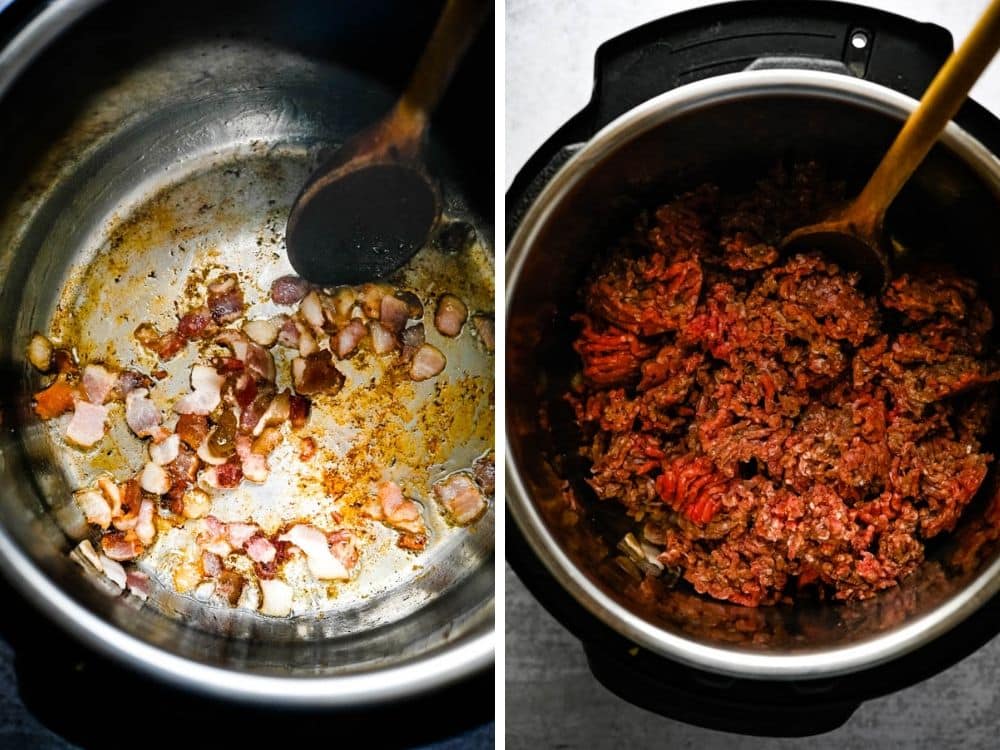 cooking bacon and ground beef in the pressure cooker for a Instant Pot Ground beef recipe.