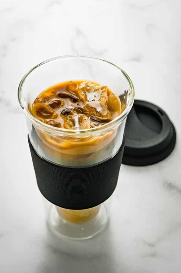 serving iced coffee in the double walled glass coffee cup.