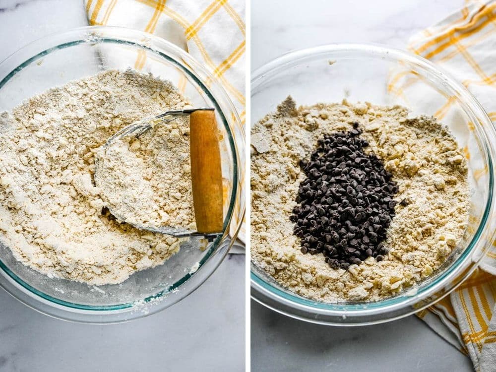 blending butter into dry ingredients and adding chocolate chips 