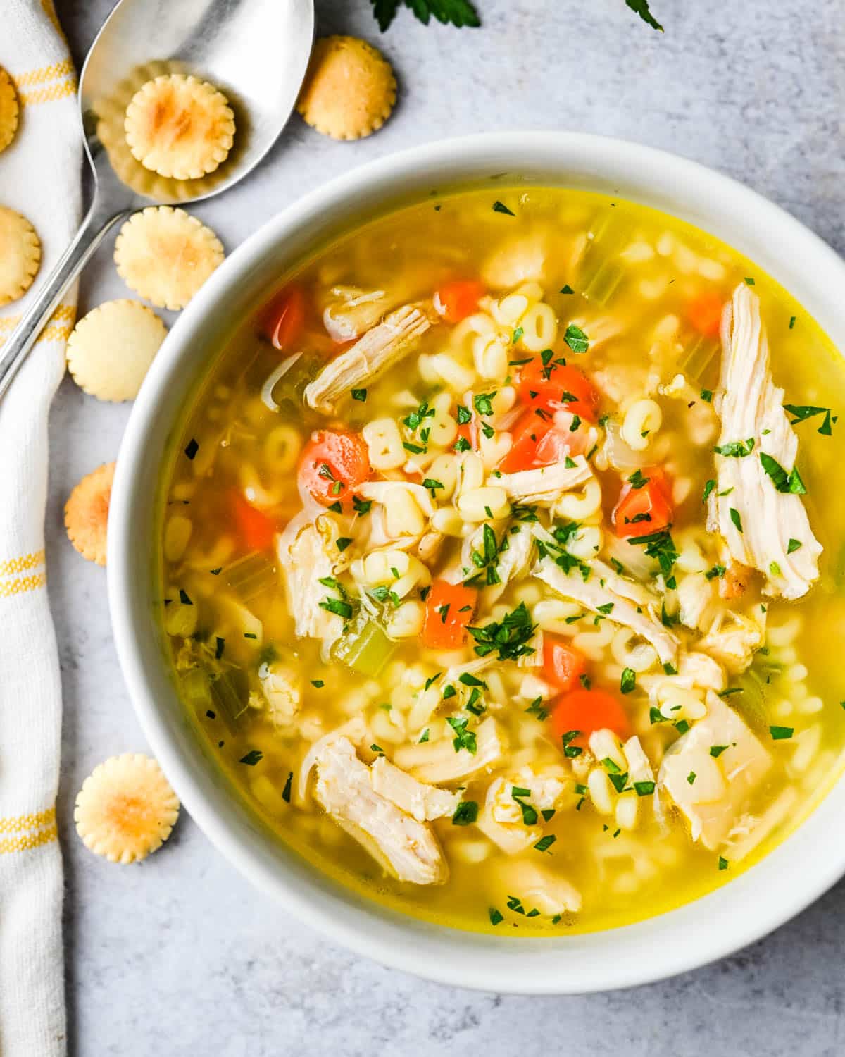 A bowl of alphabet soup made from leftover turkey.