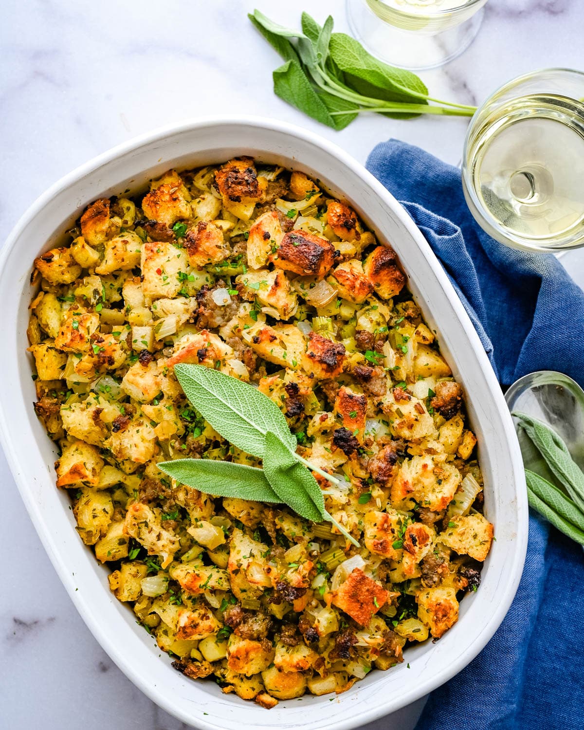 Sausage Fennel Apple Stuffing in a casserole dish.