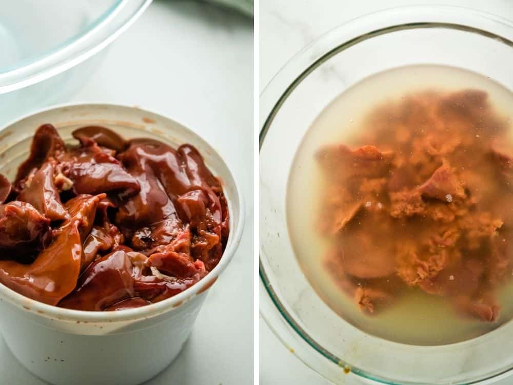 soaking chicken livers in brine for gourmet appetizers.