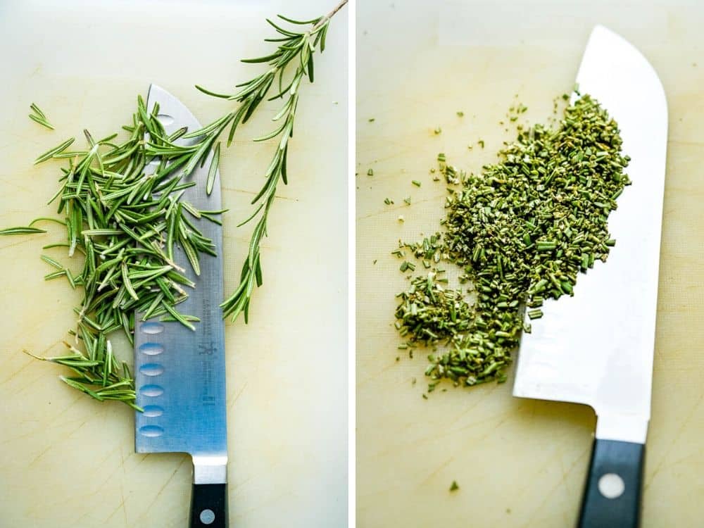 chopping fresh rosemary for rosemary shortbread cookies.