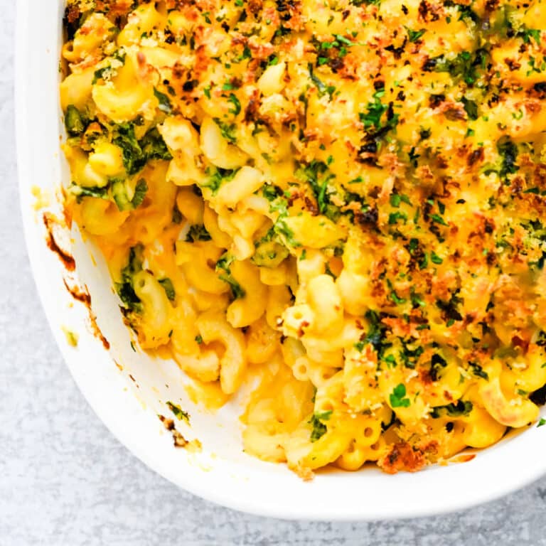 Healthy mac and cheese with butternut squash and kale.
