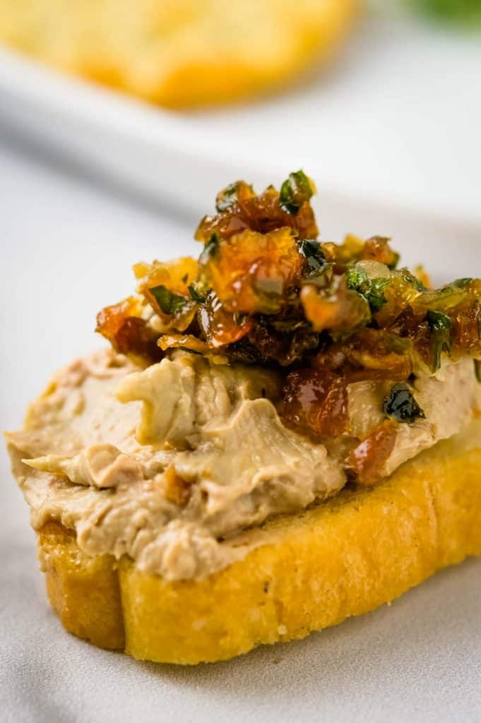 Creamy chicken livers and caramelized onions on a  crostini.