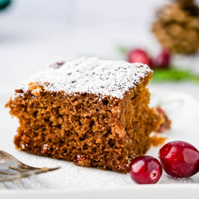 a slice of gingerbread snack cake on a white plate.