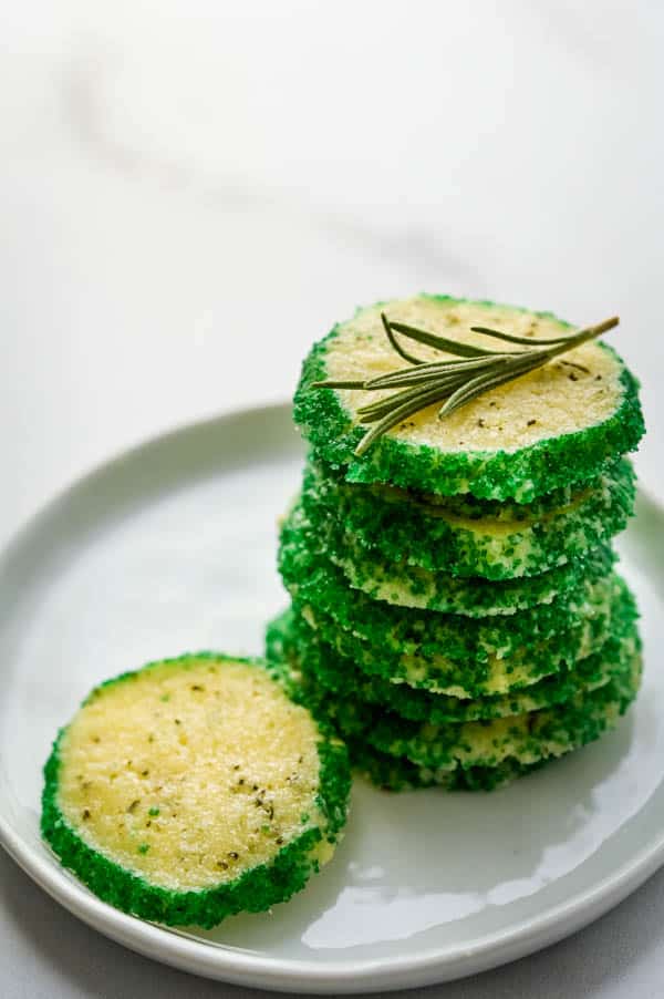 serving a stack of rosemary shortbread.