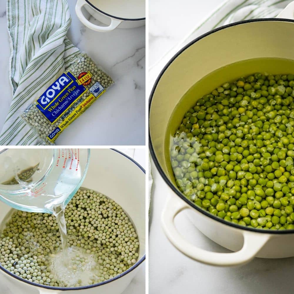 Soaking dried peas in a dutch oven. Whole green peas should soak overnight like other dried legumes.