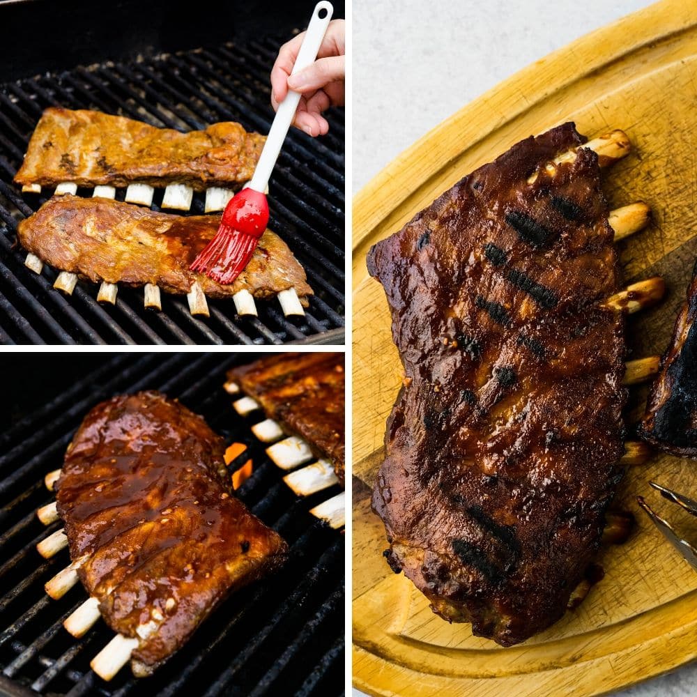 Finishing Asian ribs on the grill and brushing with BBQ sauce.