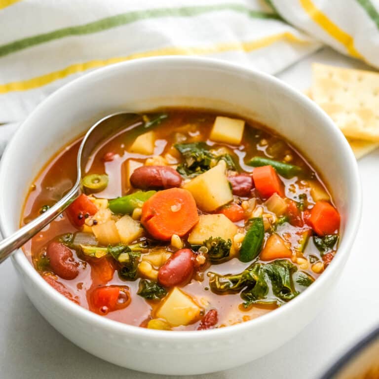 A steaming bowl of minestrone.