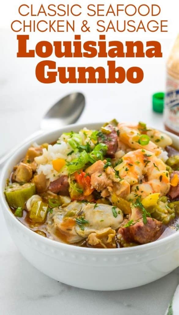 This easy, authentic louisiana gumbo recipe is loaded with seafood like shrimp and oysters, chicken and sausage. The deep golden roux recipe adds depth to this New Orleans classic. Cajun seasoning amplifies the flavors. #gumbo #cajun