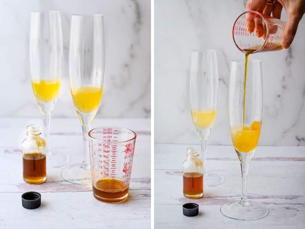 Adding lemon and honey syrup to the elderflower liqueur.