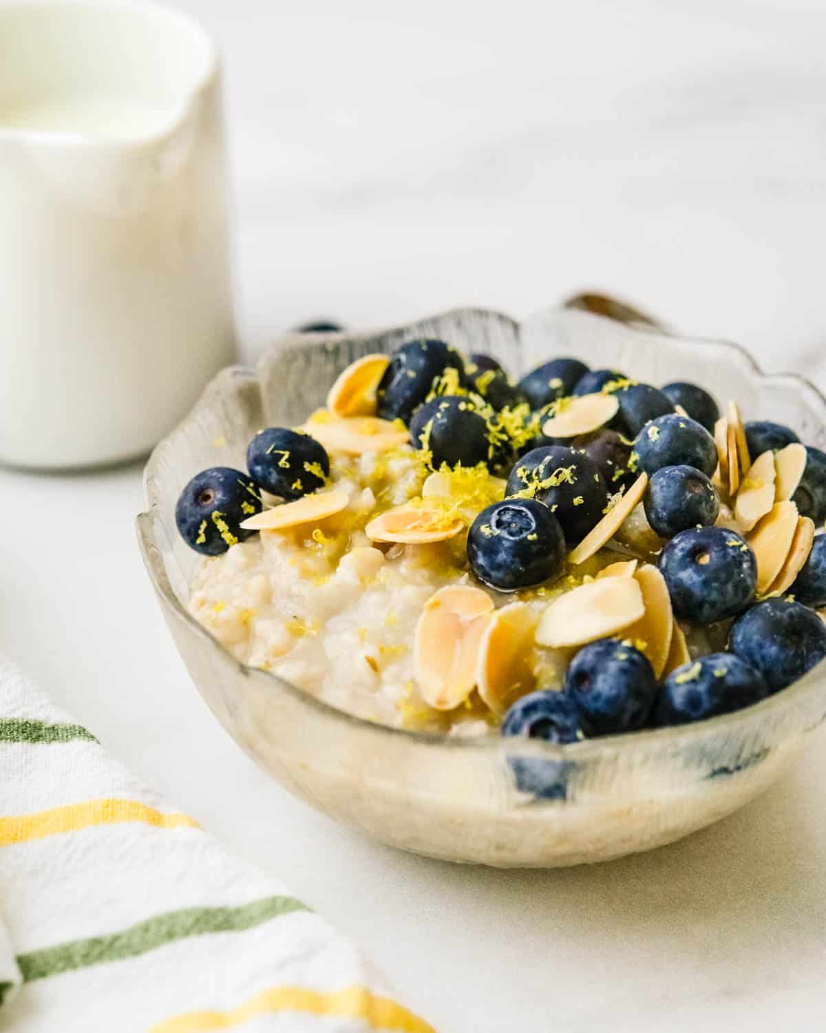 A bowl of Irish oatmeal with blueberries.