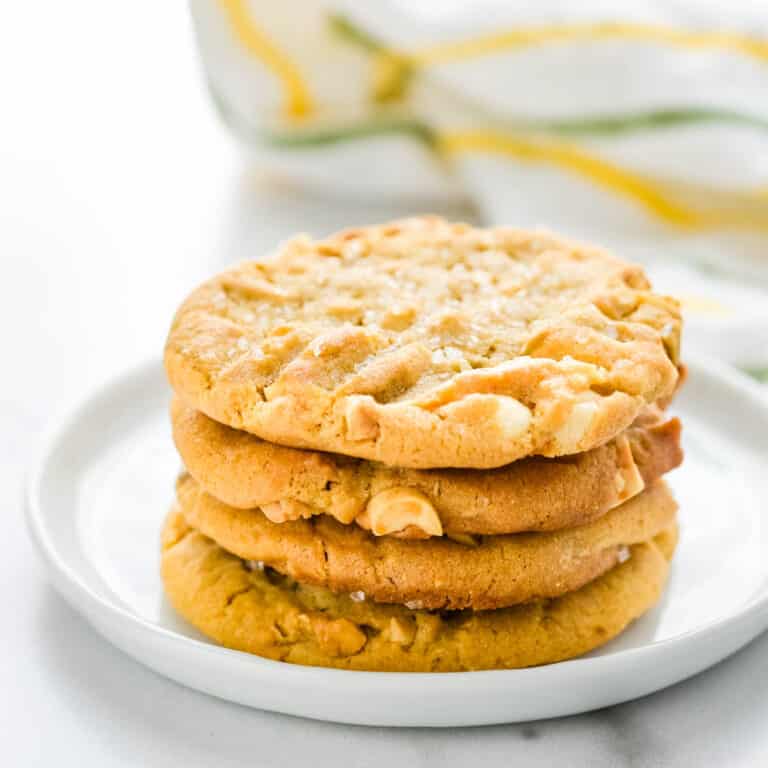 A plate of white chocolate peanut butter cookies.
