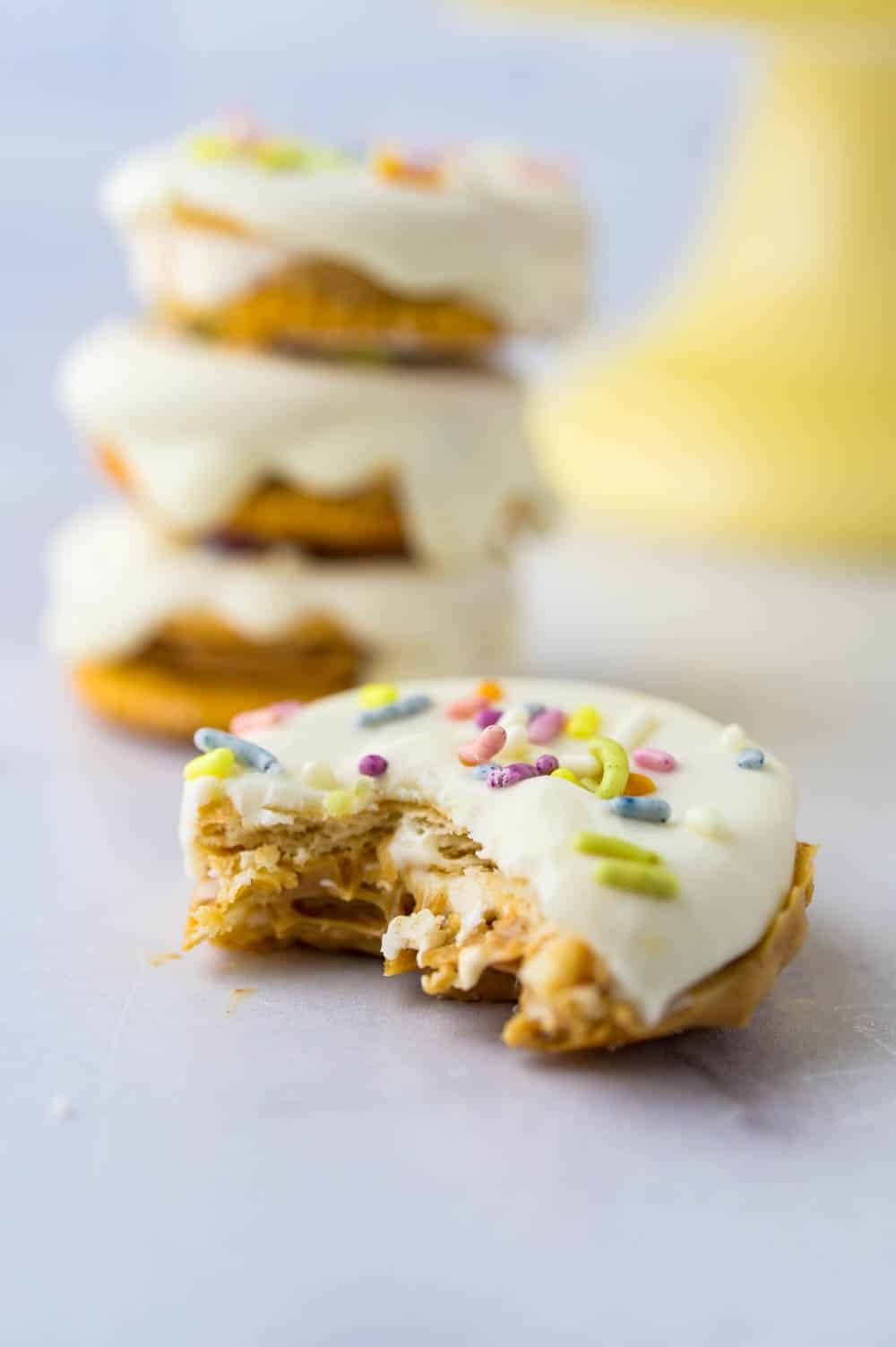 Taking a bite out of the peanut butter marshmallow cookie.