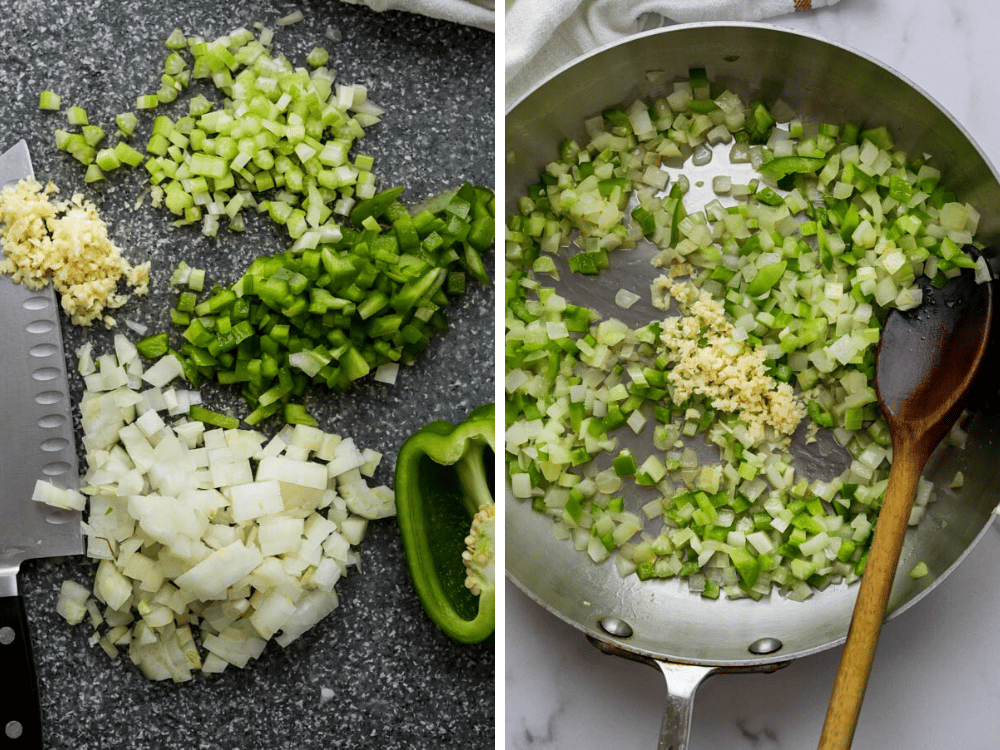 Sautéing green peppers, onions and celery with garlic.