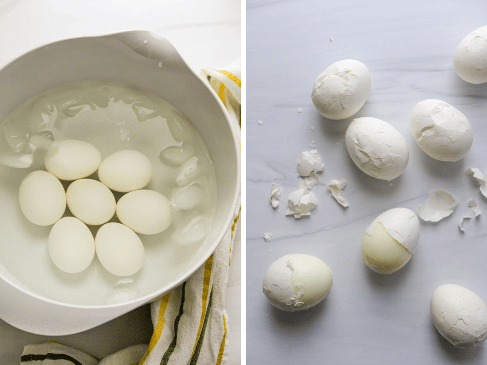 placing cooked eggs in an ice bath to chill, then peeling the skins.