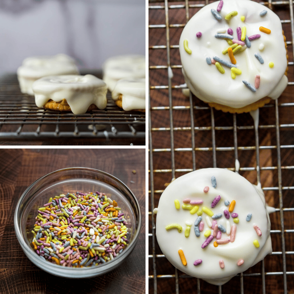 Decorating the fluffernutter cookies with sprinkles.