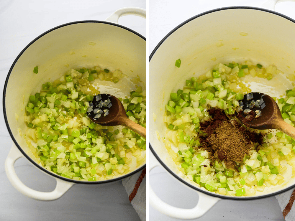 sautéing onions and celery with garlic and spices for the taco soup with black beans.