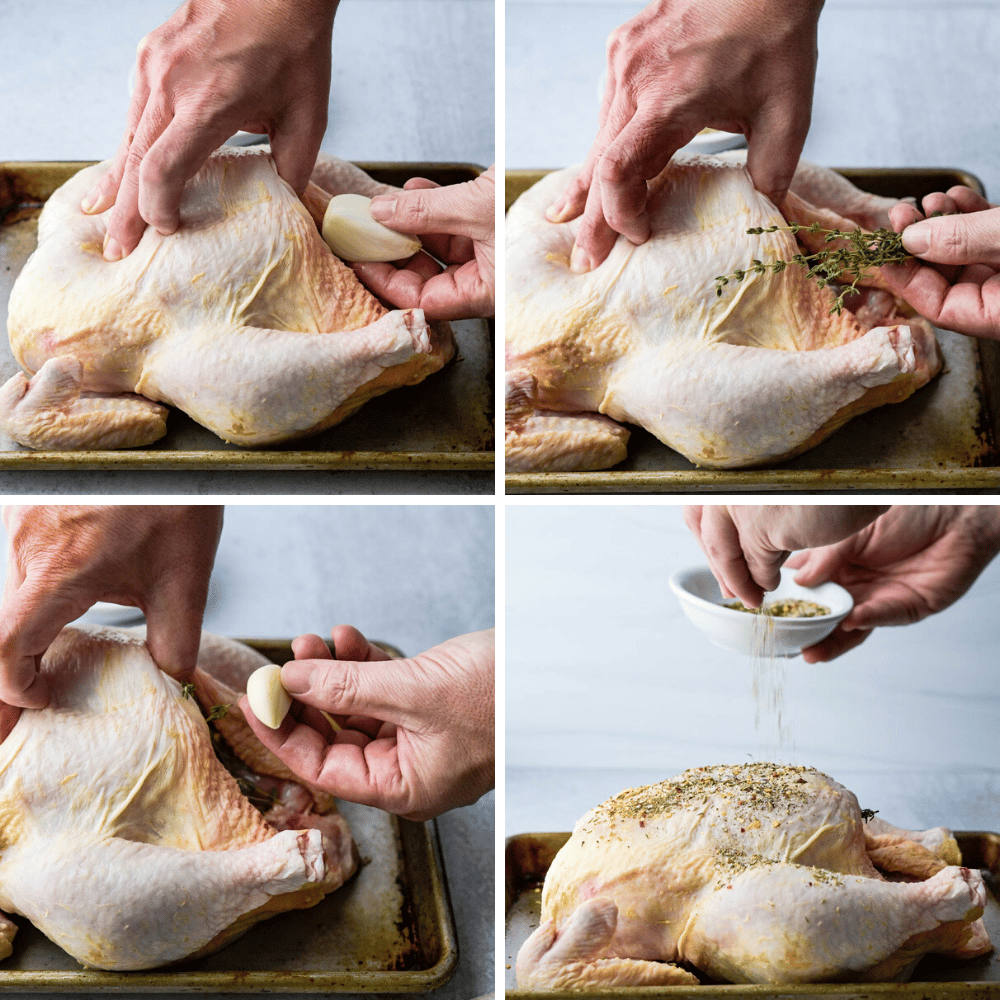 adding aromatics and seasoning the chicken with rotisserie rub.
