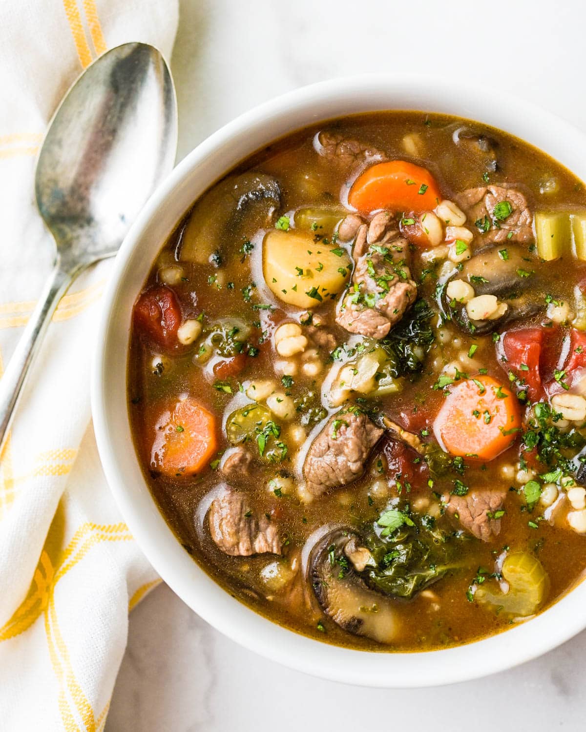 A bowl of beef barley soup.
