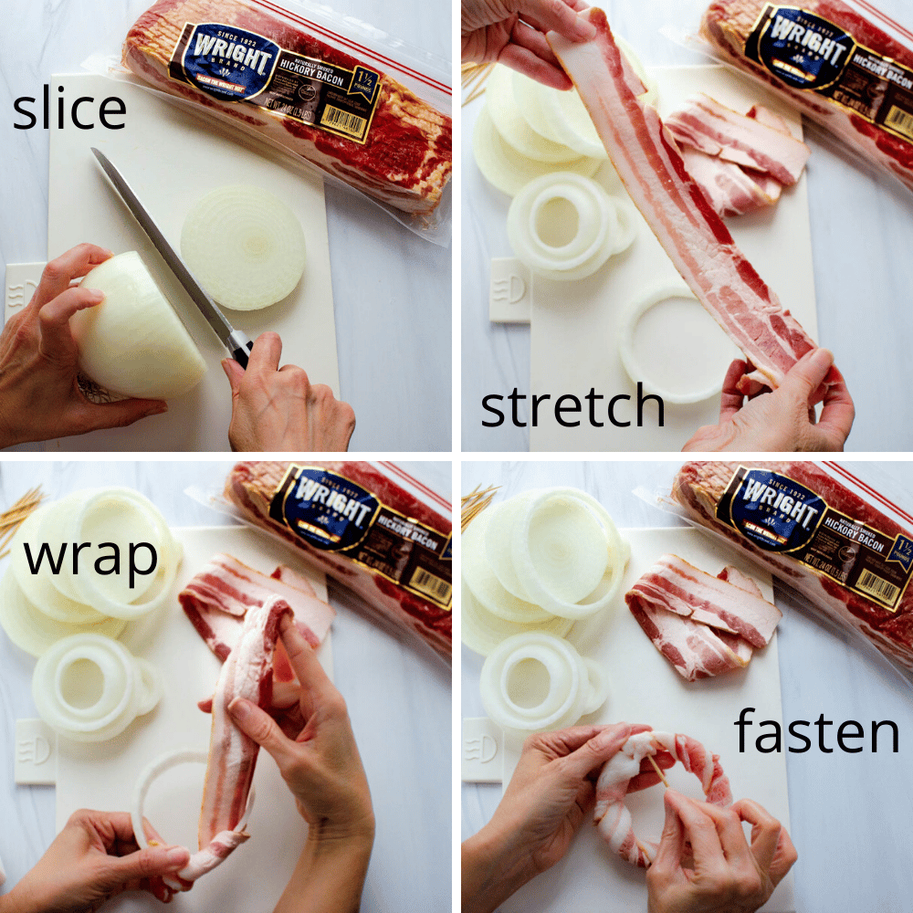 steps to making bacon wrapped onion rings.
