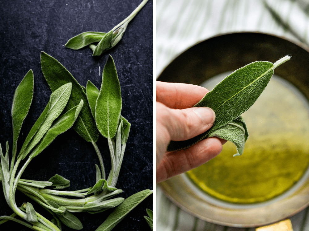 Fresh sage leaves to fry in hot oil.