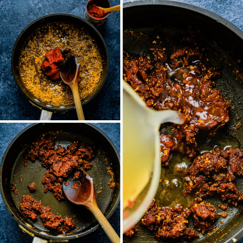 Stir in the tomato paste until it's thick, then add broth to form the spicy enchilada sauce