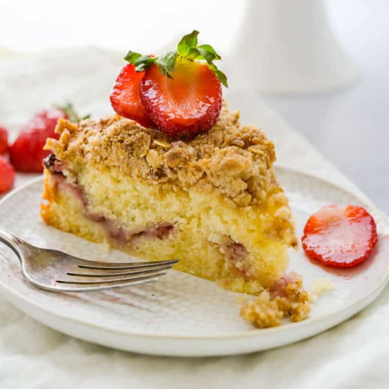 strawberry lemon crumb cake on a plate.