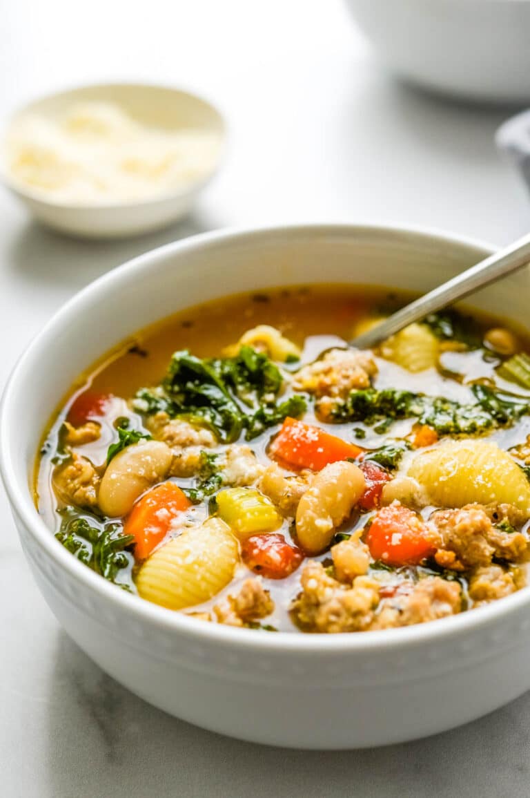 Italian Sausage Soup with Pasta, White Beans and Kale