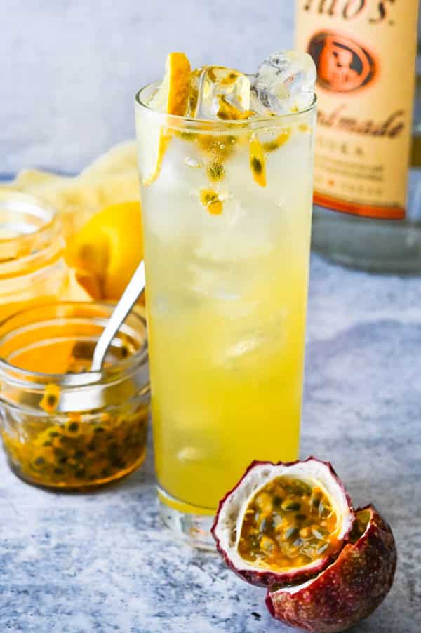 passion fruit vodka soda in a glass.