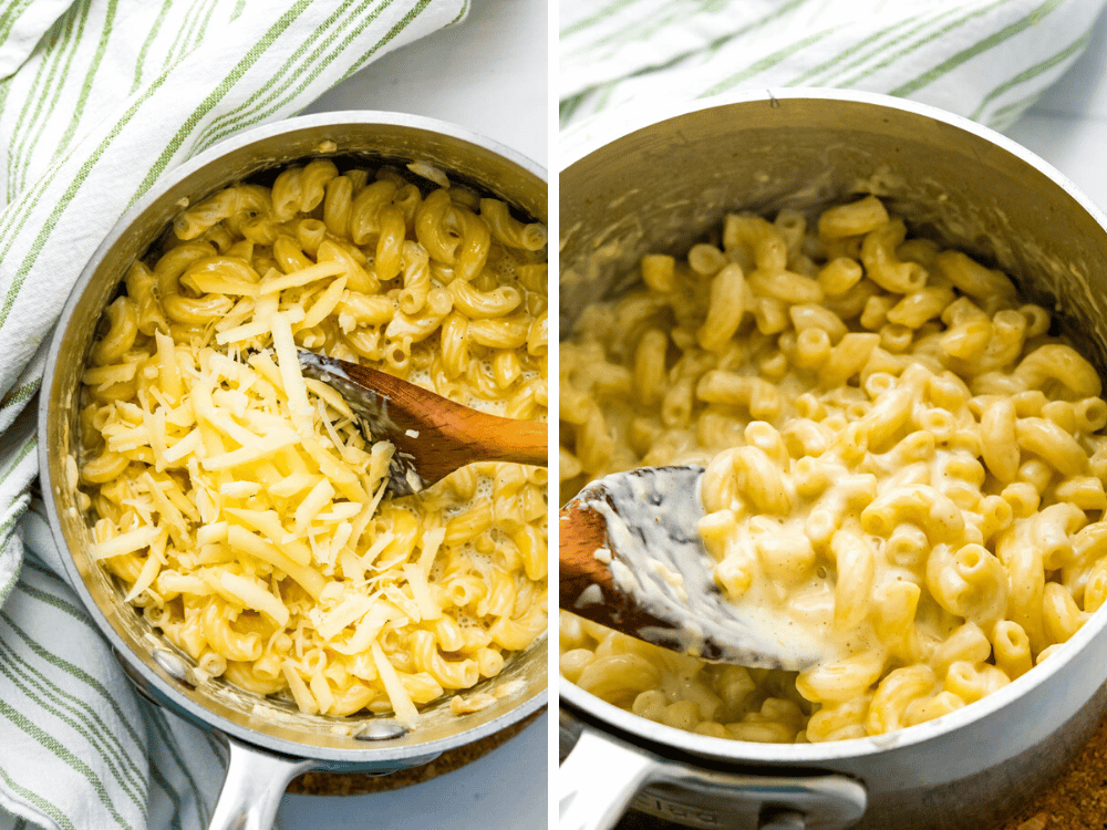 adding handfuls of cheese to the cream coated macaroni.