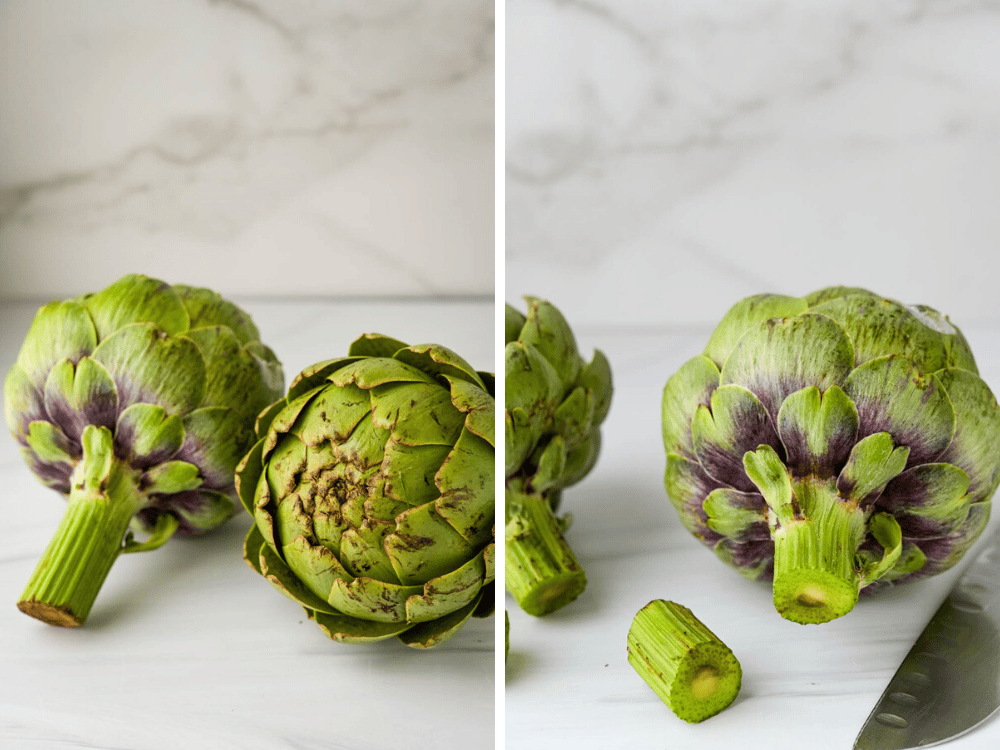 Trimming the stems from two globe artichokes .