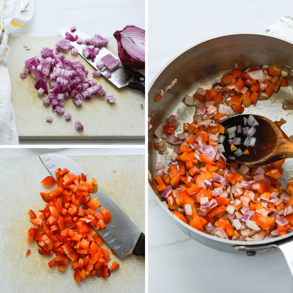 images of chopping onion and bell pepper and sautéing them in a pot.
