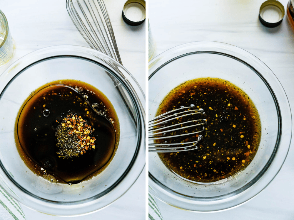 whisking the whiskey marinade in a bowl.