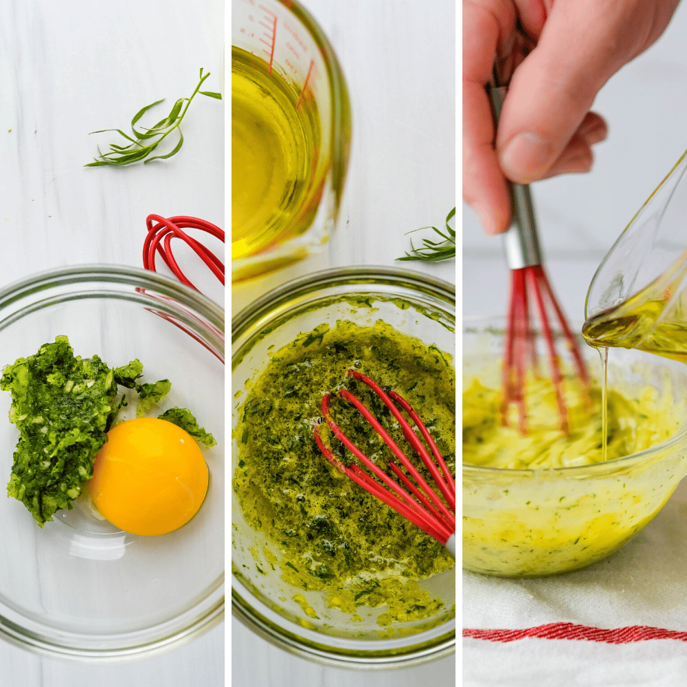 Adding an egg yolk to the tarragon paste and whisking in the oil for the lemon tarragon aioli.