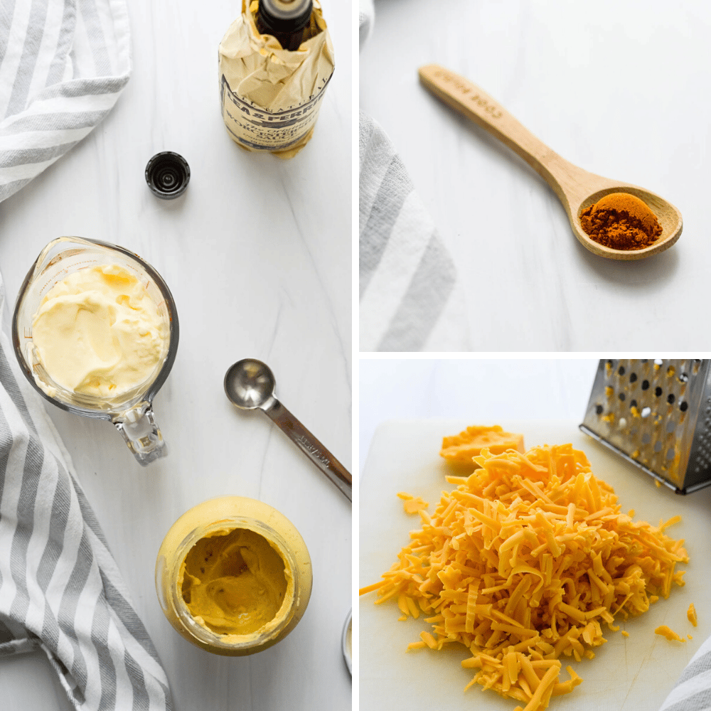 mayonnaise, mustard, worcestershire sauce, cayenne pepper and cheddar cheese make the best Carolina Caviar.