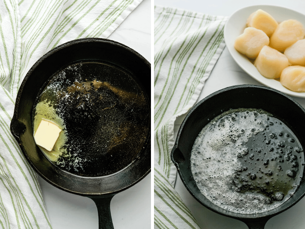 Heating butter and oil in a cast iron skillet to demonstrate how to sear scallops in a pan.