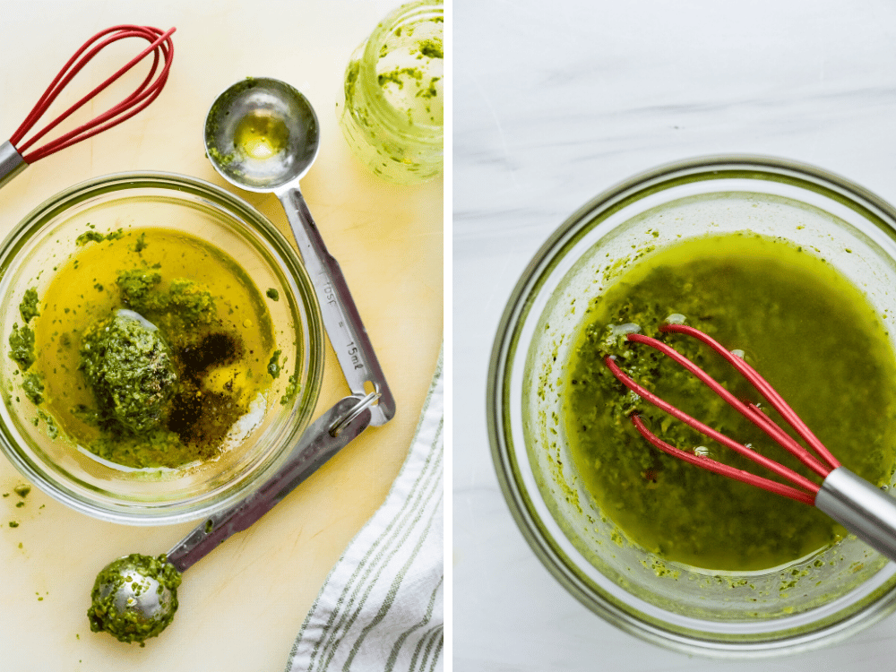 Adding oil and vinegar to the pesto sauce for an easy pesto dressing.