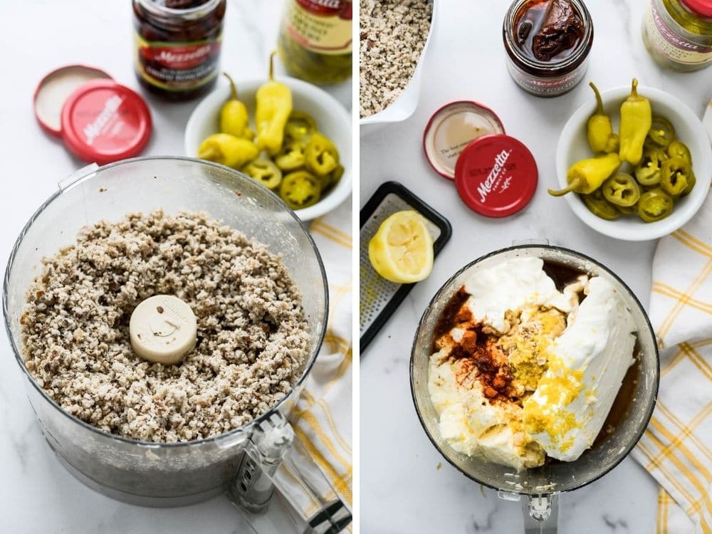 adding ingredients to the  food processor. 