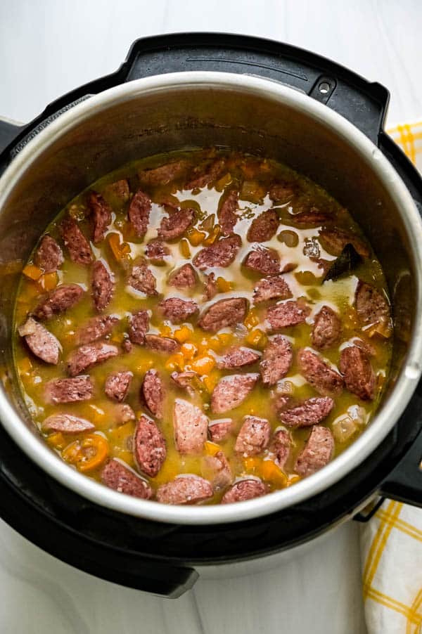 The red beans and sausage after cooking in the pressure cooker.