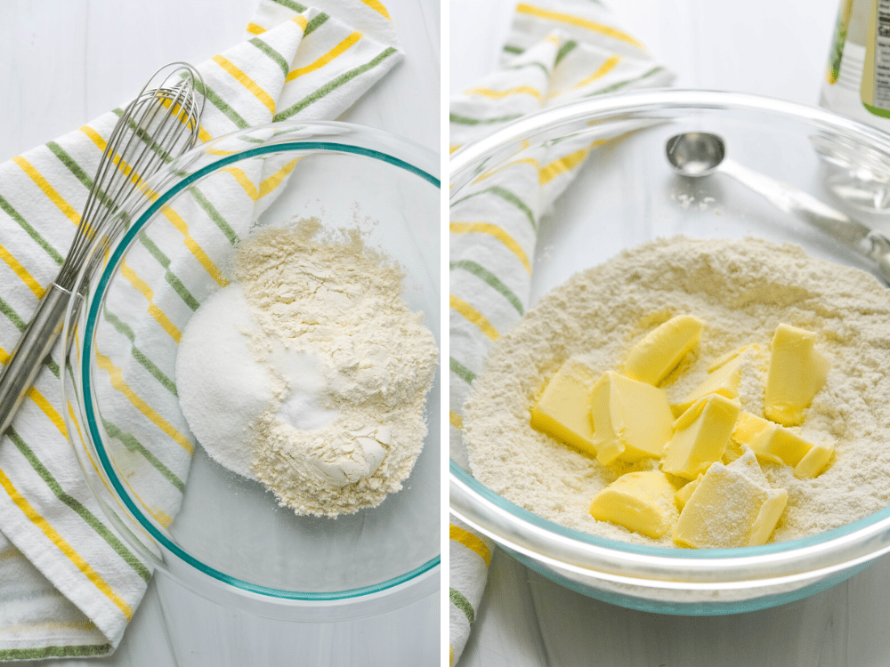 Mixing dry ingredients together and adding softened butter to the baking soda cookies dough.