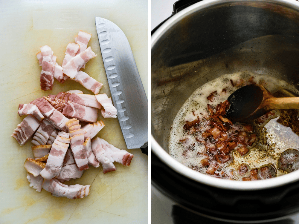 chopping and sautéing bacon in the pressure cooker.