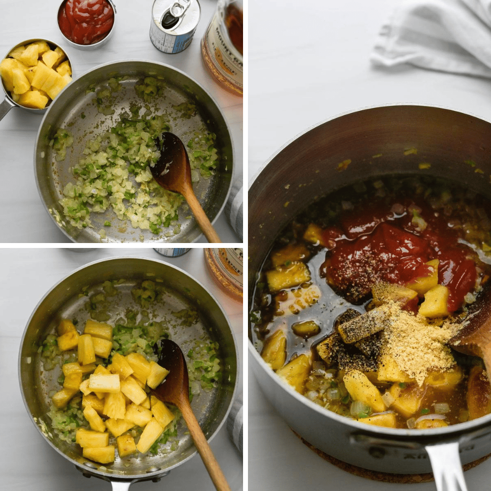 Adding pineapple rum and other ingredients to the hawaiian bbq sauce in a large pan.