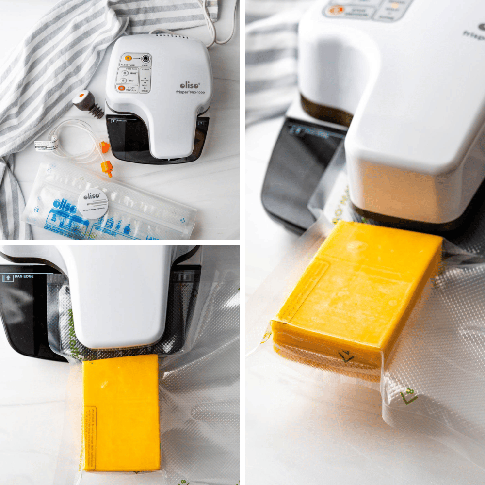 vacuum sealing a block of cheese with the food saver machine.