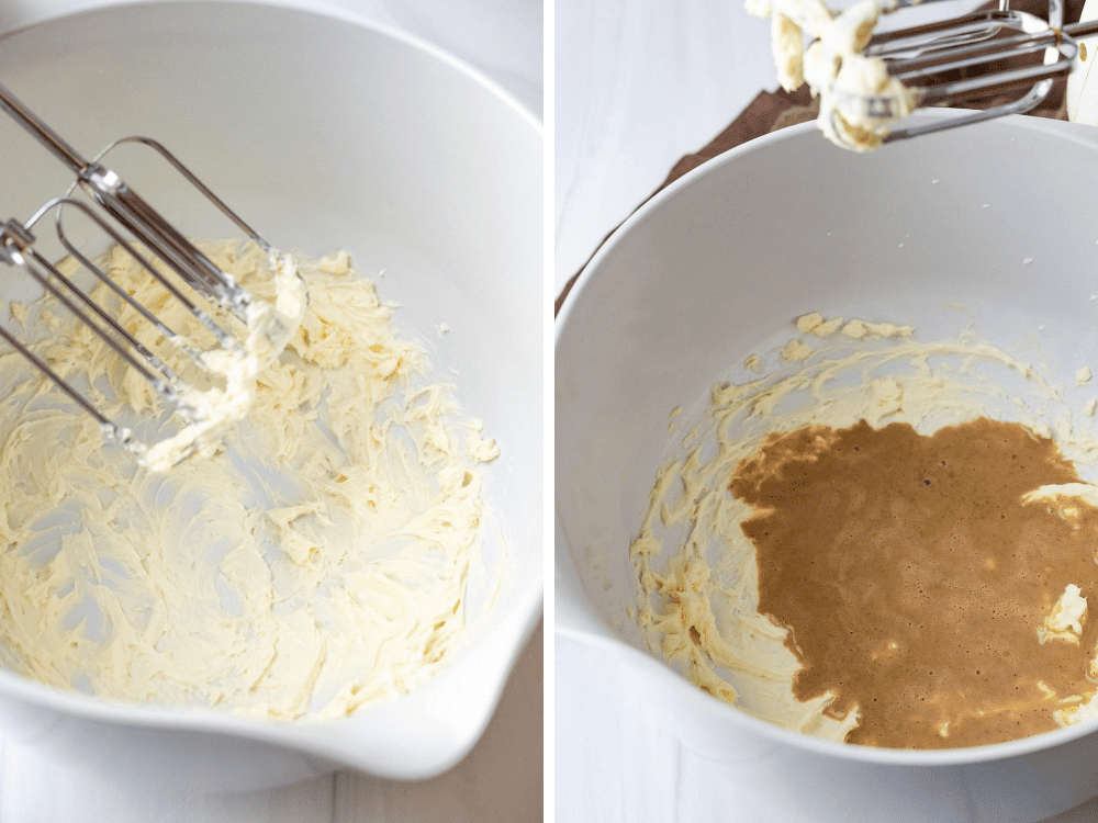 blending the cream cheese with coffee ice cream base.