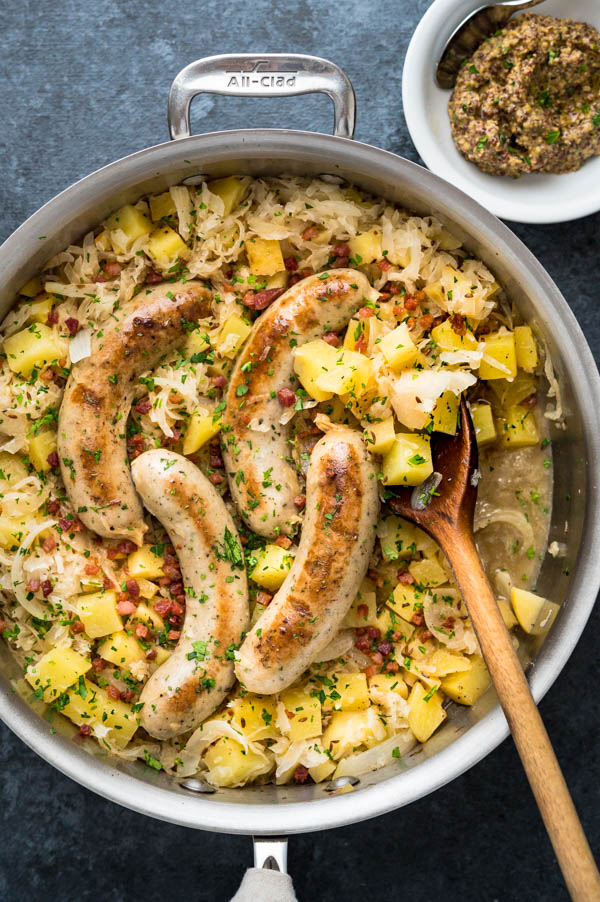 Serving the quick and easy sauerkraut and sausage skillet for a midweek dinner.