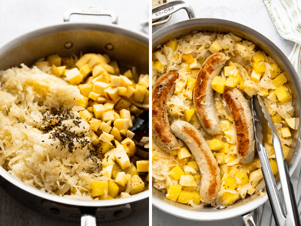 Adding caraway seeds and browned bratwurst to the sausage sauerkraut skillet dinner.